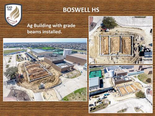 Boswell High School, ag building with grade beams installed. Three photos of site.